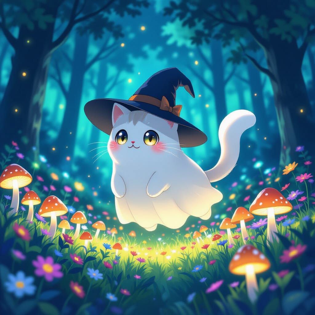 Ghost Cat in Bioluminescent Forest, Anime Key Visual