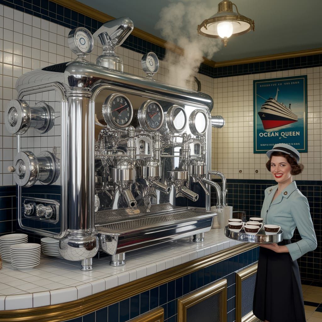 Vintage Steampunk Coffee Machine in Chic 1930s Cafe