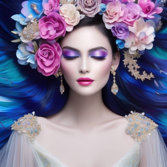 Ethereal Alien Woman with Petal Hair in Art Nouveau Style