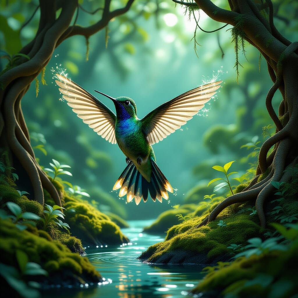 Bioluminescent Hummingbird in Art Nouveau Style
