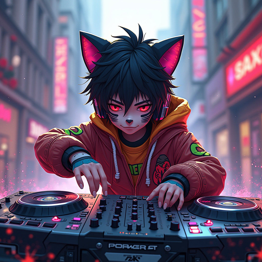 Boy DJing in Graffiti Cityscape, Anime Style