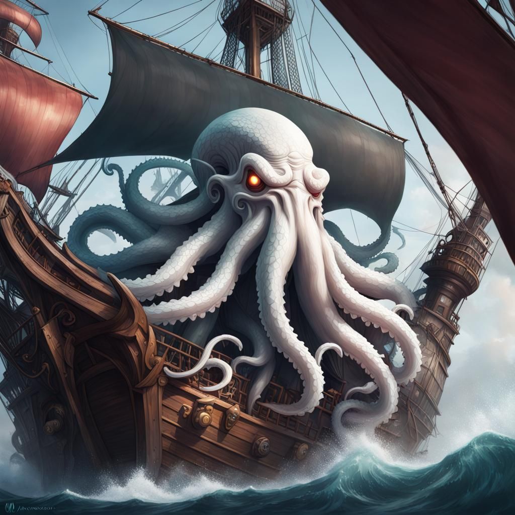 Gigantic Kraken Crushing Pirate Ship in Hyperdetailed Style