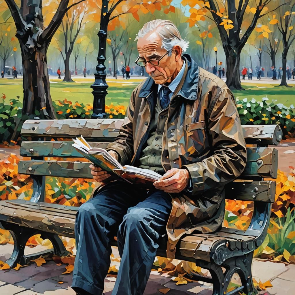 Old Man Reading Newspaper as Oil Painting