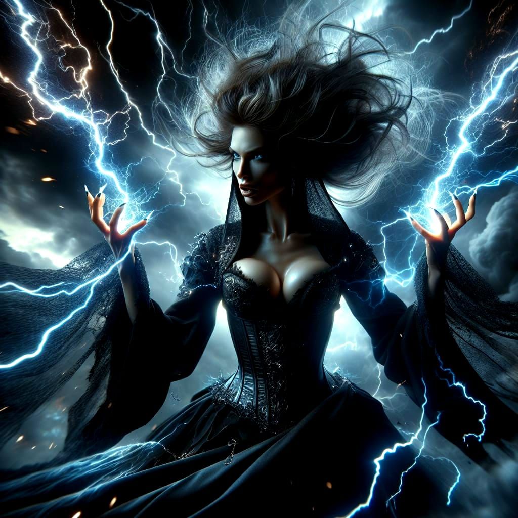 Surreal Lightning Sorceress in Dark, Electric Storm