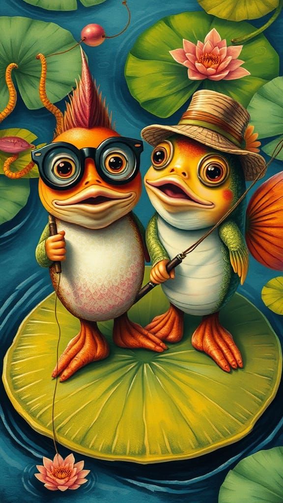 Whimsical Fishers on Lily Pad: A Colorful Illustration