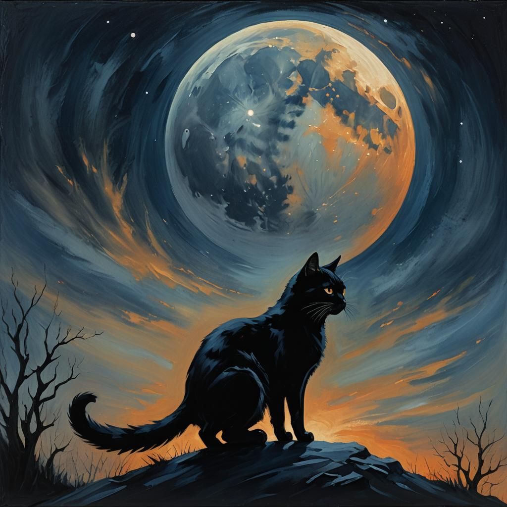 A black cat crossing in front of a full moon, embodying the ...