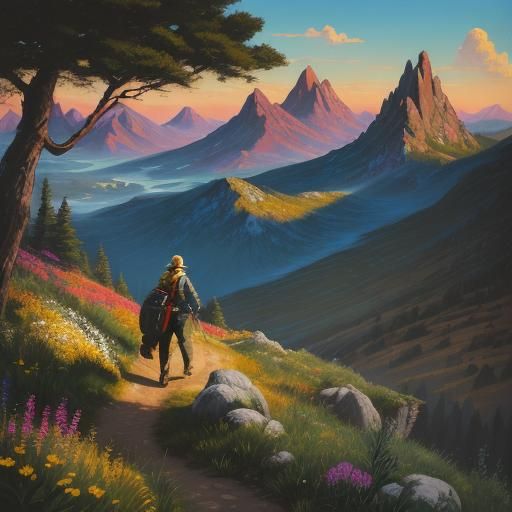 Woman and Mastiff Hiking Surreal Landscape as Impasto Painti...