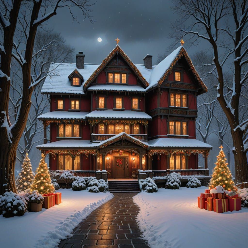 Winter Wonderland Mansion with Vibrant Garlands and Santa Cl...