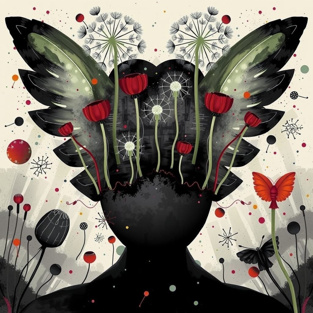 Surreal Crayon Landscape with Giant Dandelions in a Dreamlik...