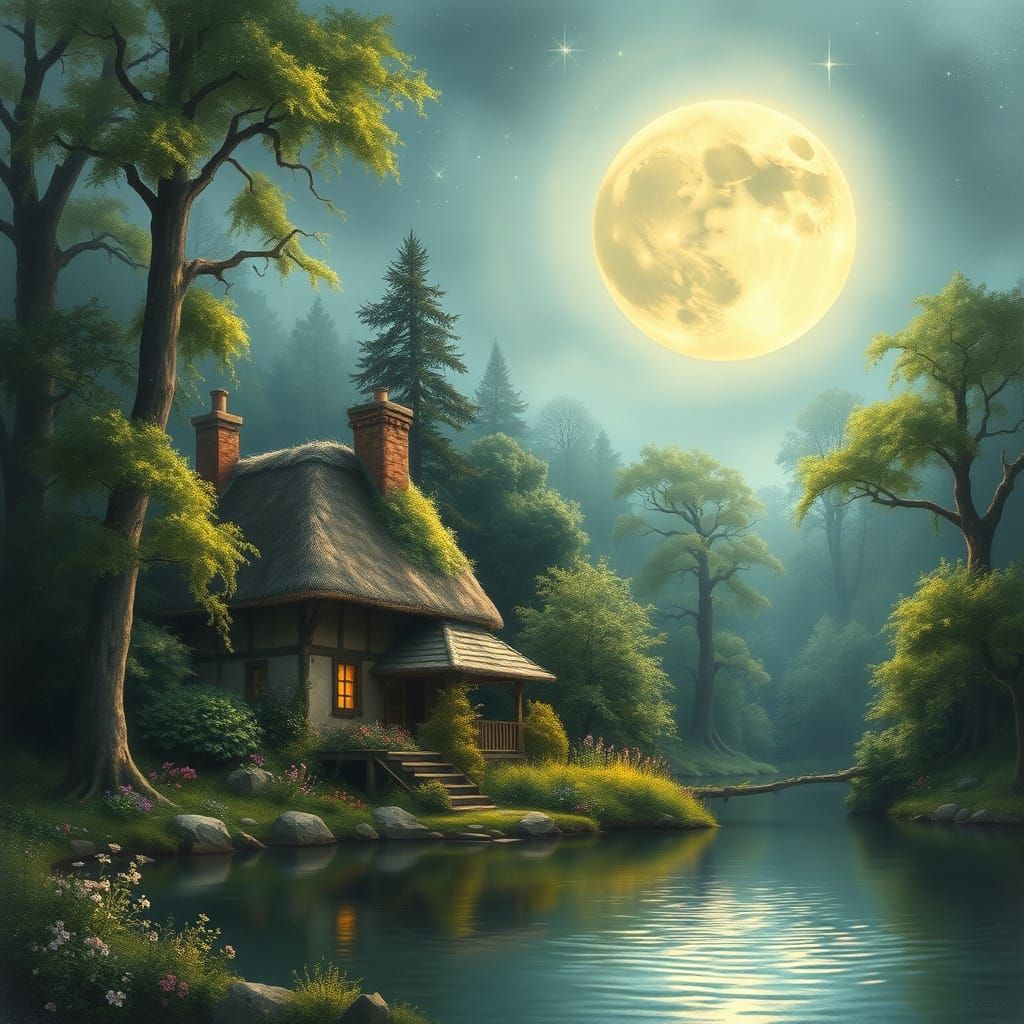 Serene Cottage in Mystical Forest Landscape