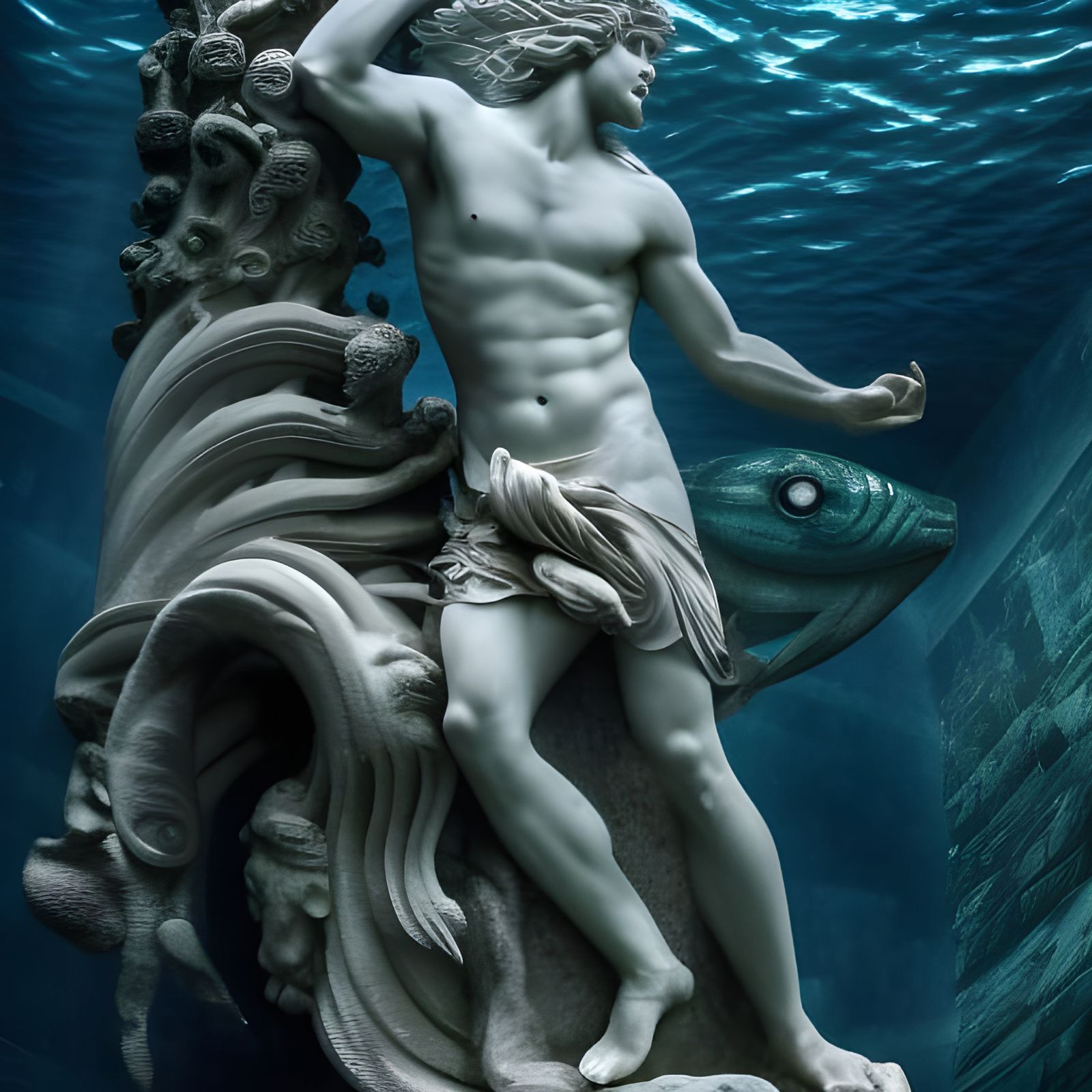 Underwater Marble Statue of Poseidon