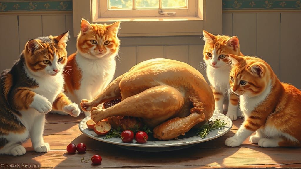 Fluffy Cats Feast on Roast Turkey in Whimsical Style