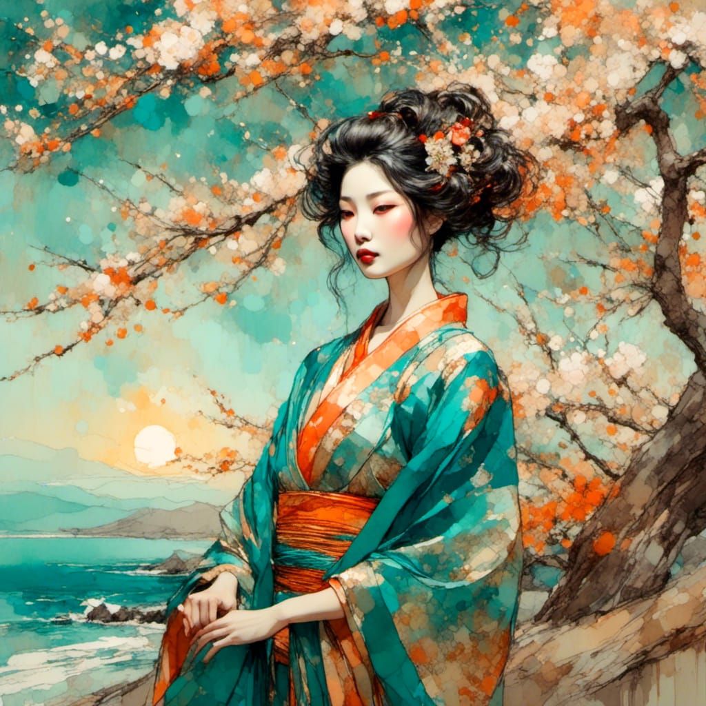 Japanese Princess in Kimono Under Cherry Blossoms
