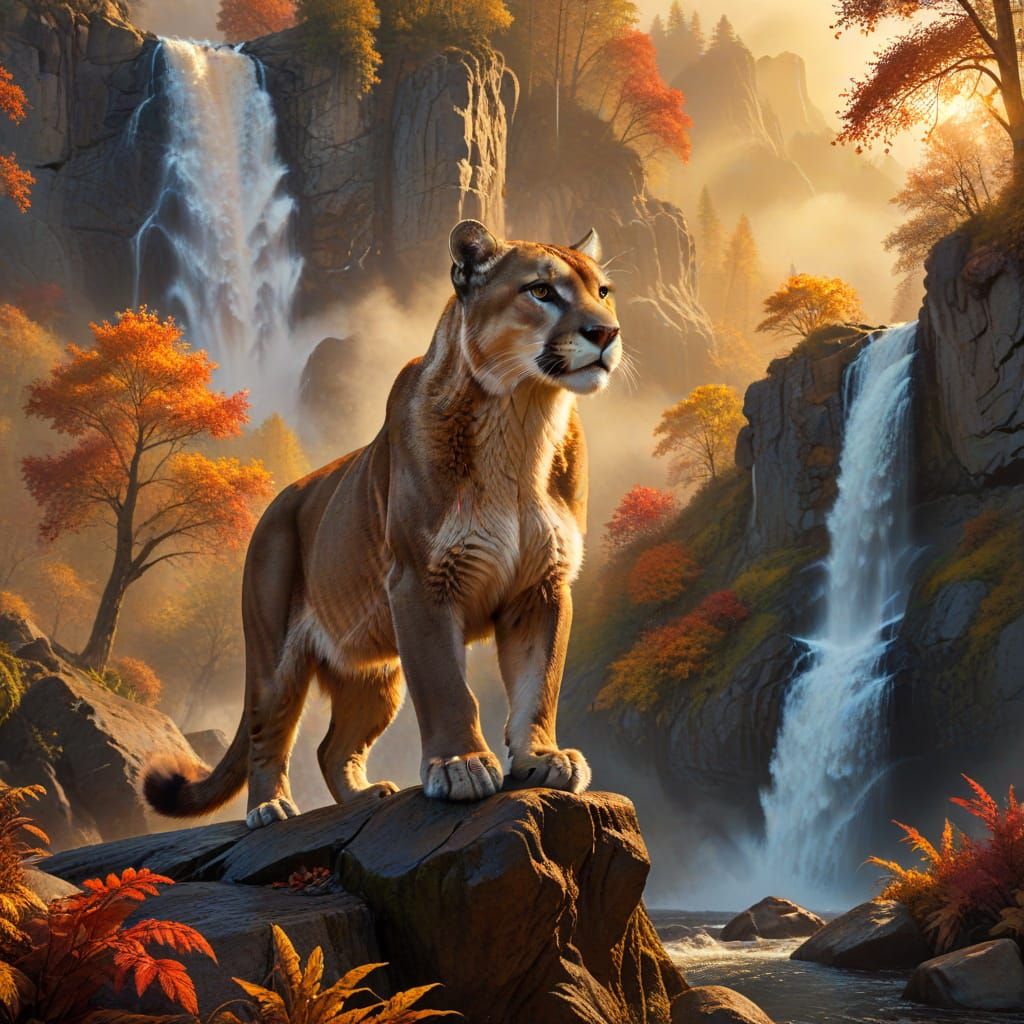 Majestic Mountain Lion by Autumn Waterfall
