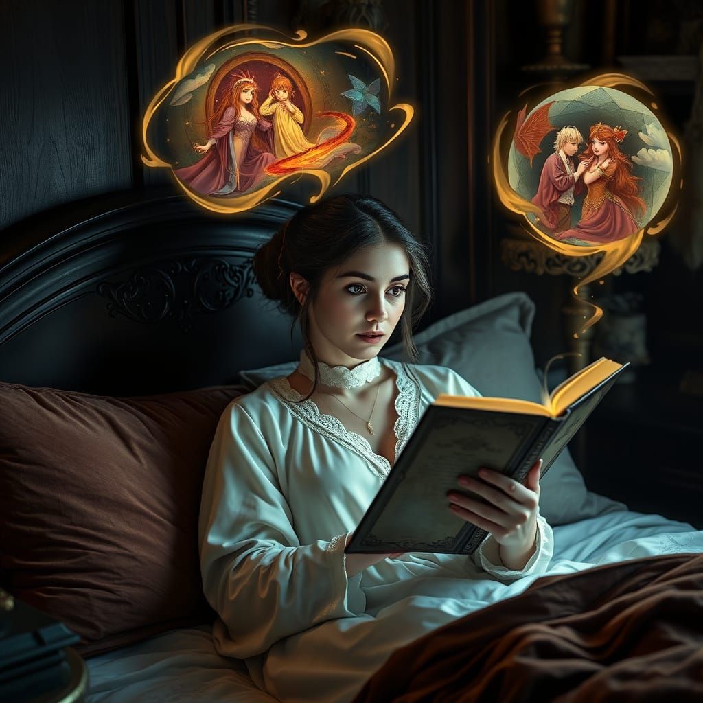 Woman Reads by Soft, Golden Light in a Cozy, Darkly Decorate...