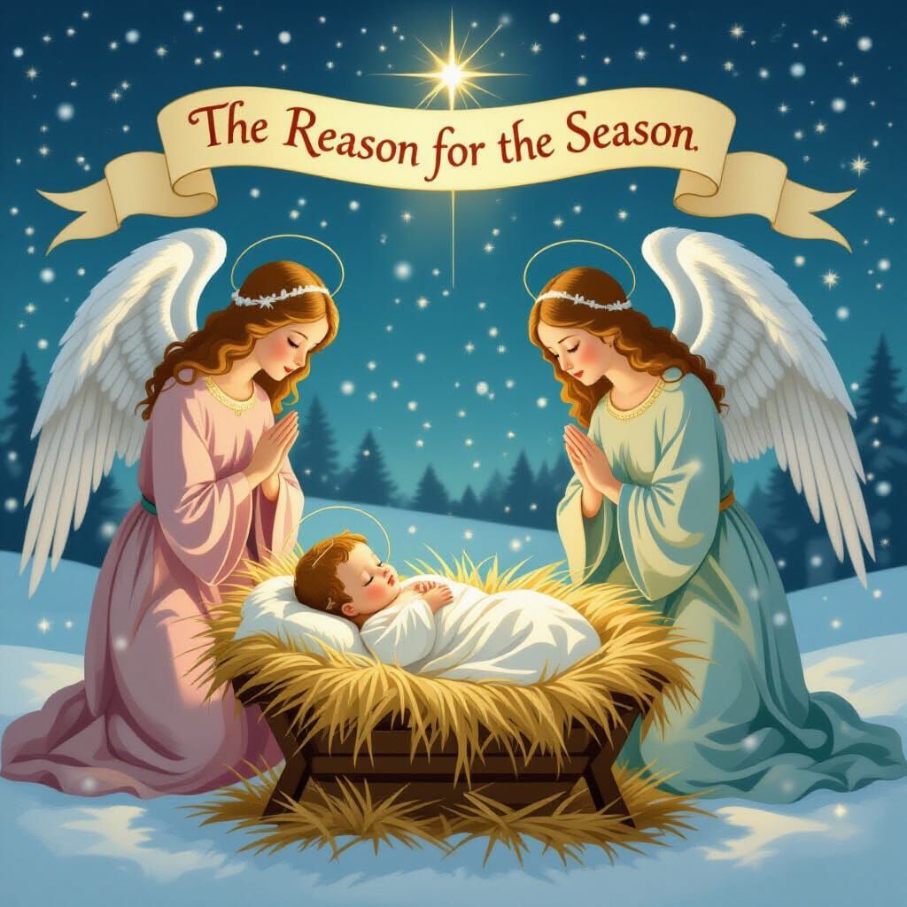 Nativity Scene with Angels and Celestial Banner