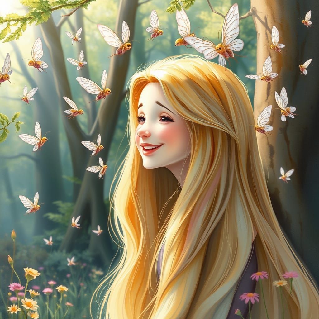 Ethereal Princess Surrounded by Whimsical Sprites in a Dream...