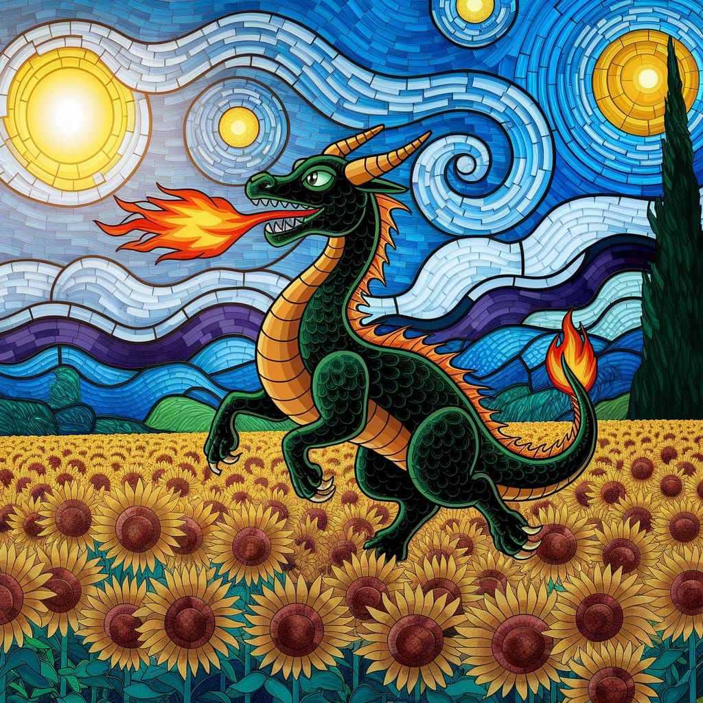 Dragon Soars in Vibrant Van Gogh-Inspired Mosaic