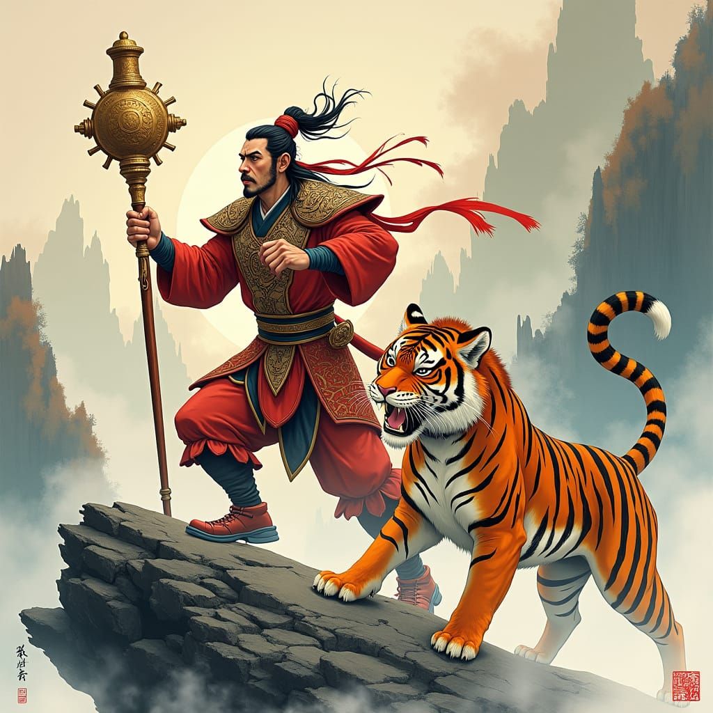 Wukong and Erlang Shen: Chinese Watercolor Painting
