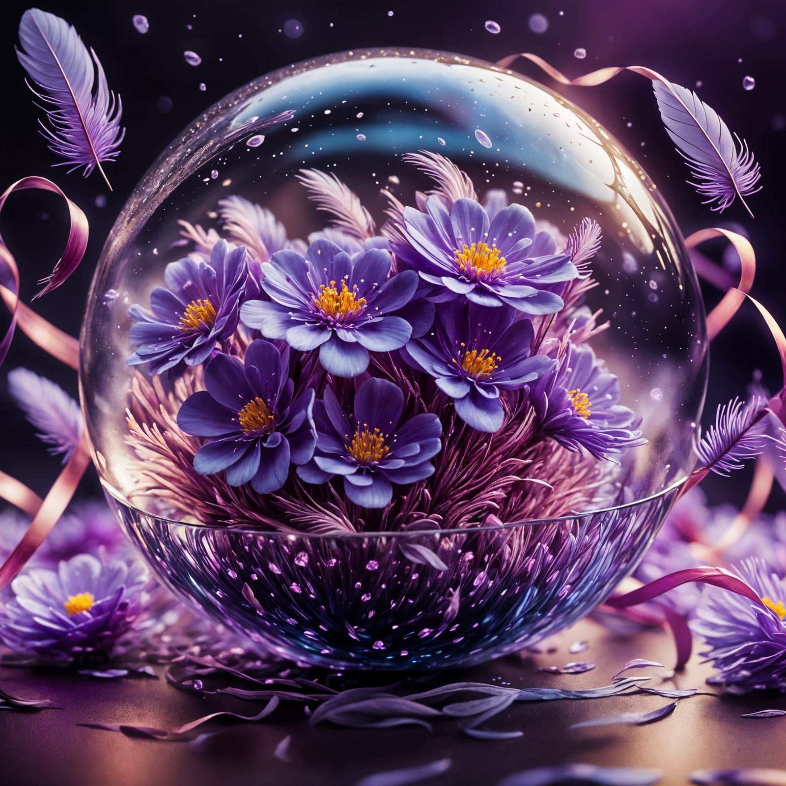 Neon Purple Flowers in Water Ball: Surreal Macro