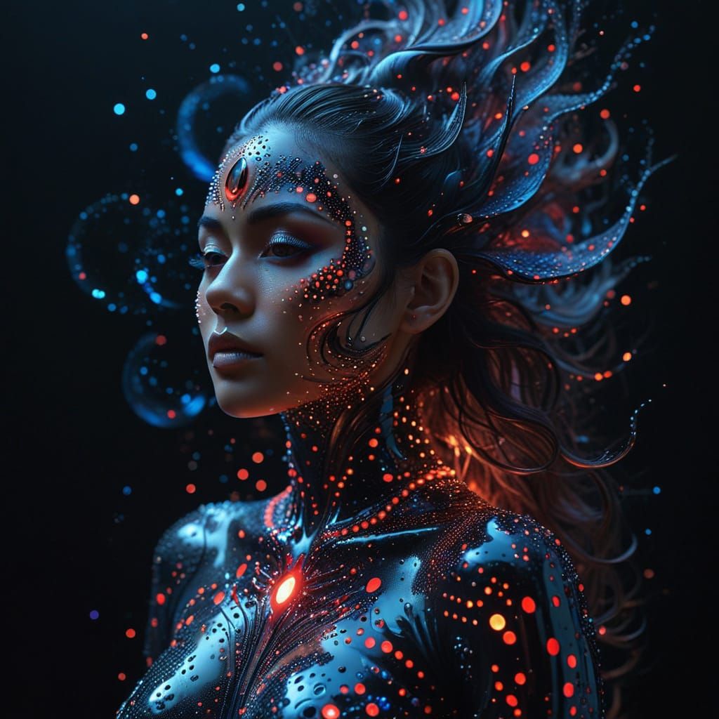 Mystical beauty adorned in cosmic, flowing elegance