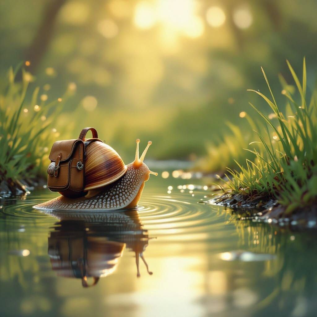 Snail Gazing at Reflection in Pond, Digital Painting