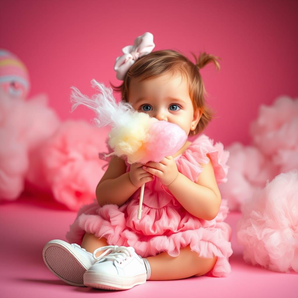 Adorable Baby Girl with Cotton Candy in Pop Surrealist Style