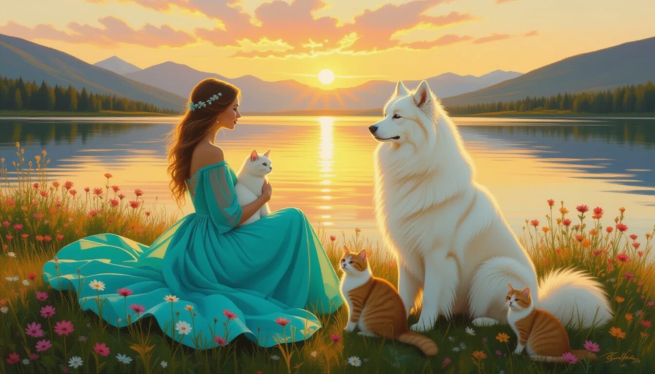 Sunset Over Lake Teletskoye With Woman, Cats, And Dog