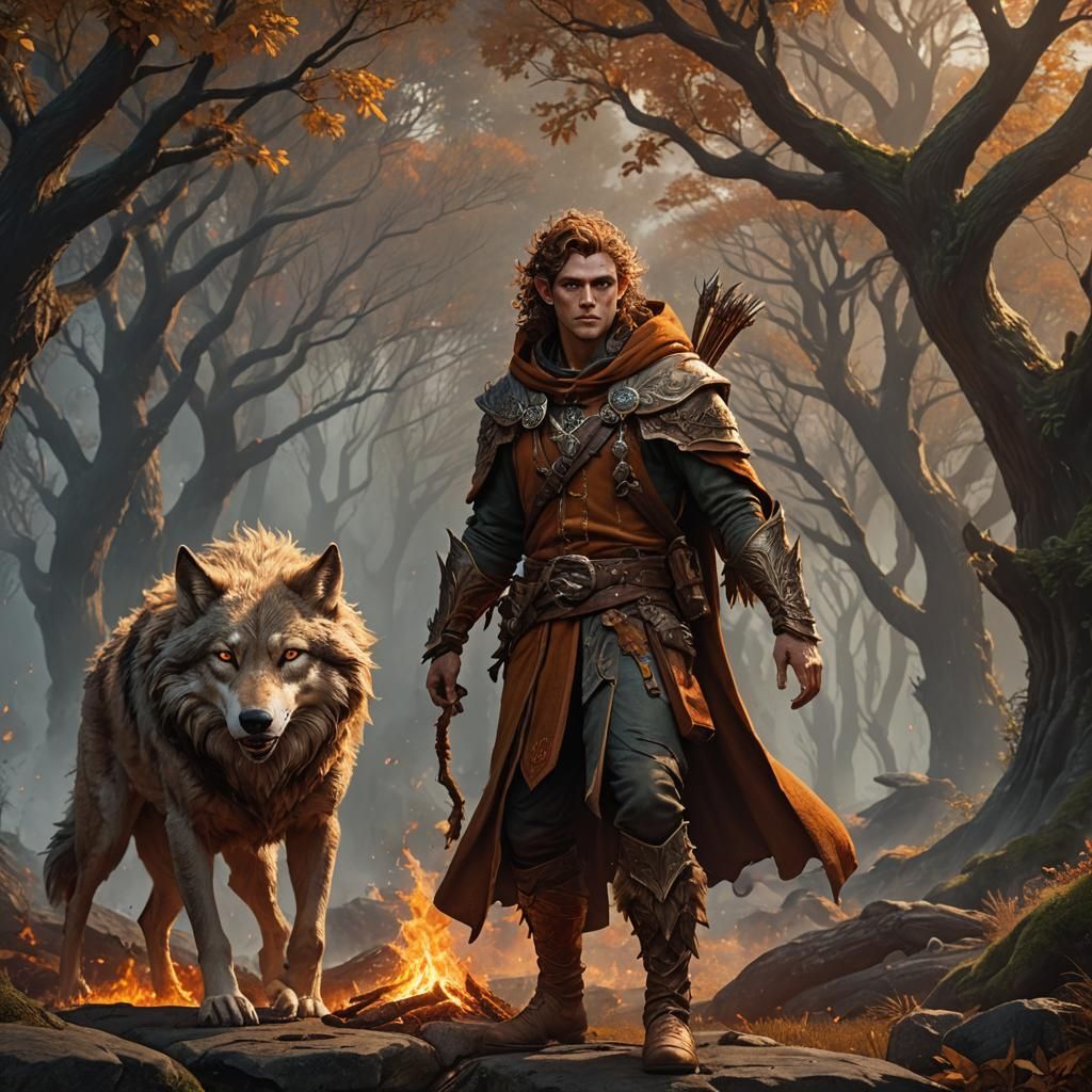 Elf Wildfire Druid with Spirit Wolf, Matte Painting