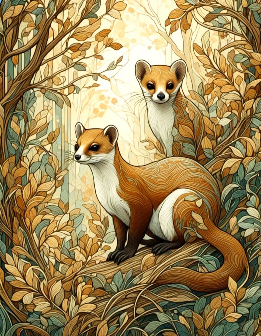 Stoat in Art Deco Nouveau Wildlife Illustration