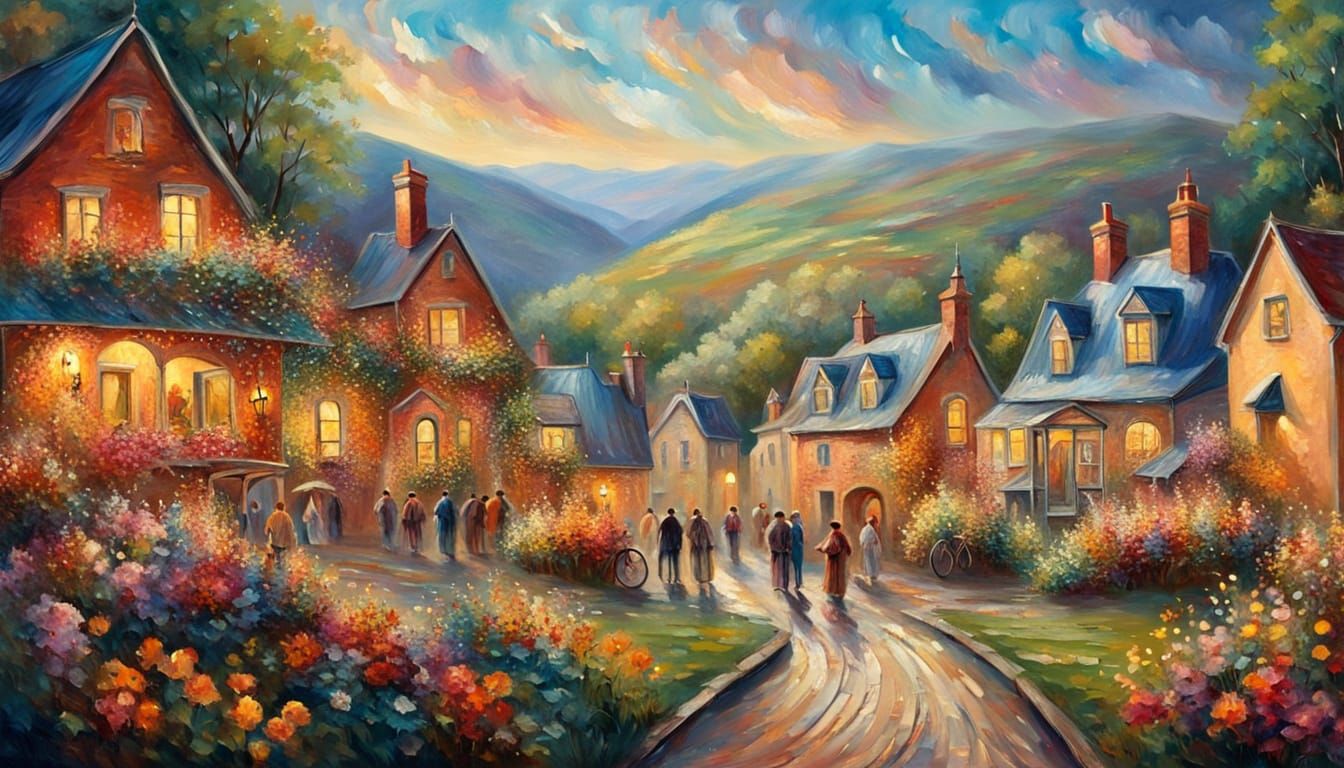 Vibrant Impressionist Village Scene with Whimsical Details
