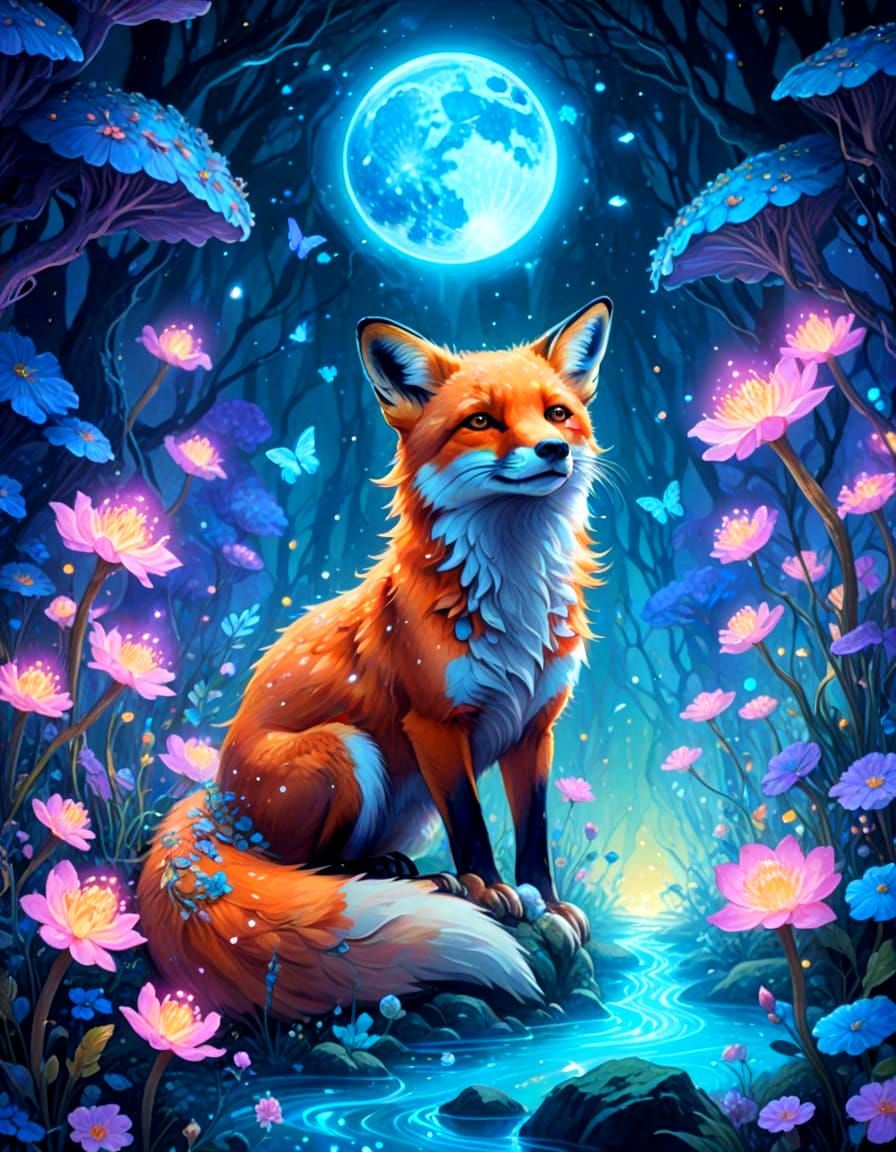 Astral Fox in Bioluminescent Flora: Ethereal Fantasy Art