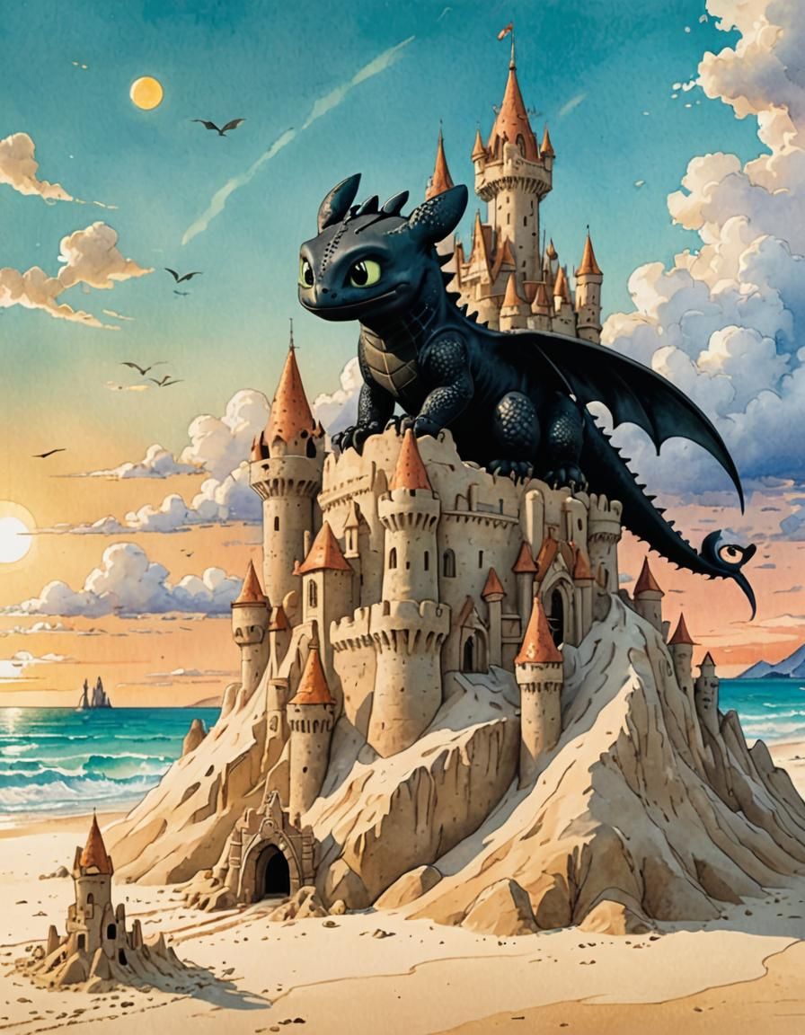 Toothless Builds Sandcastle: Miyazaki-Inspired Watercolor