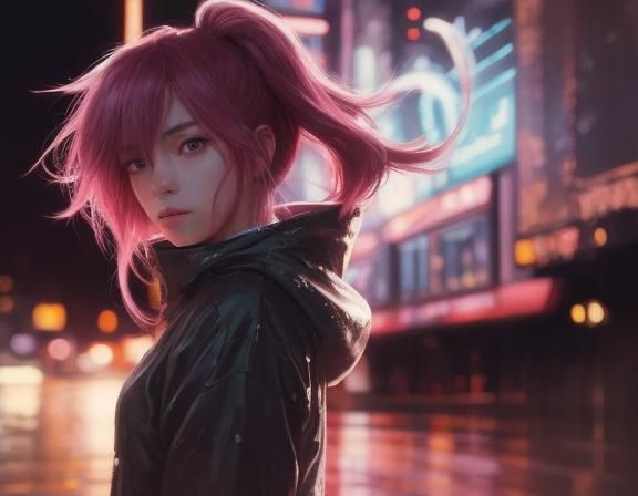 Teenage Girl in Futuristic Cityscape: Realistic Anime Style