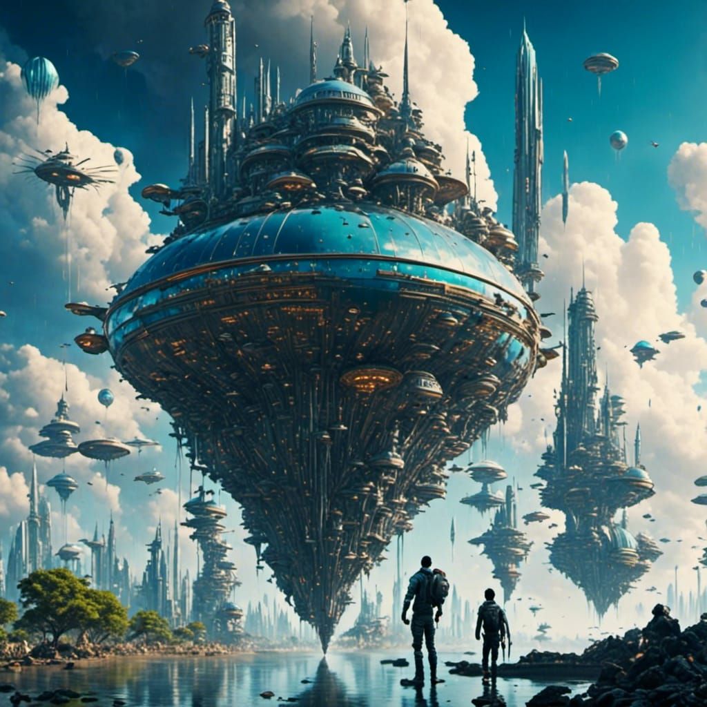 Ethereal Figures Ascend to Futuristic City