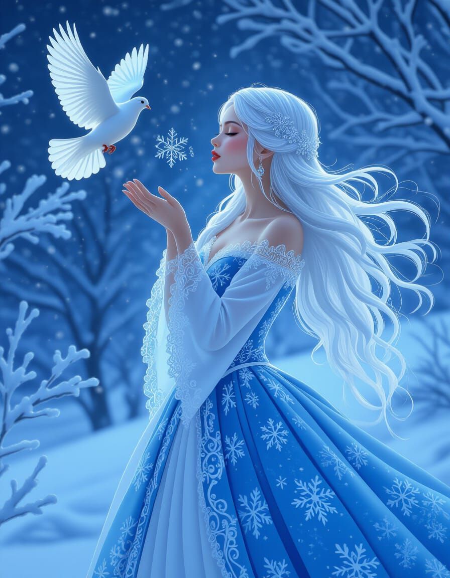 Snow Maiden and Dove in Winter Twilight