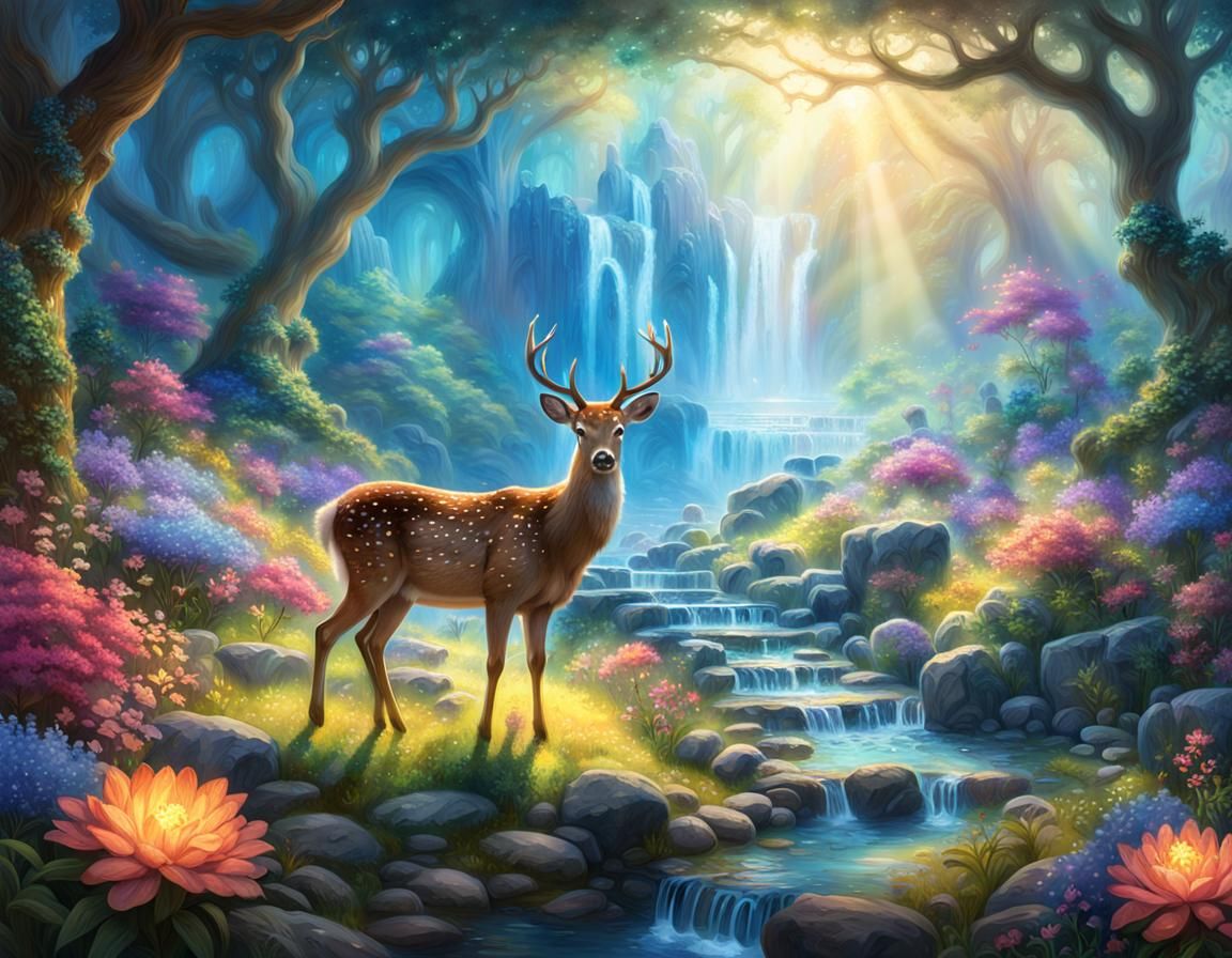 Dreamlike Sanctuary with Deer and Glowing Runes