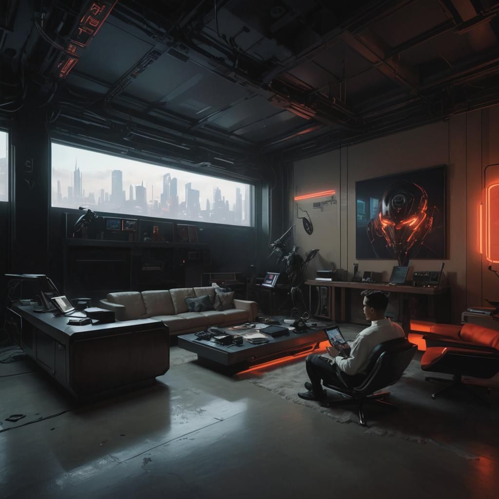 Cyberpunk Trader in Neon-Lit Home Office