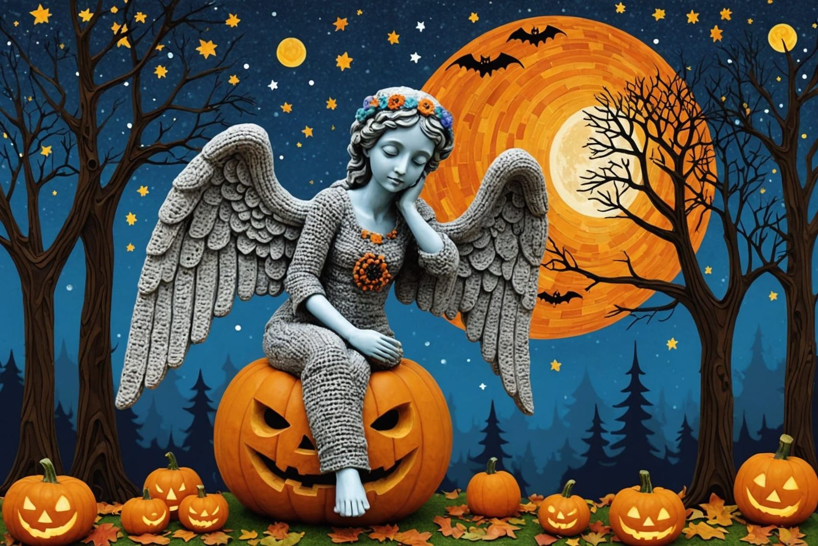 Klimt-Inspired Crochet Angel with Halloween Decorations