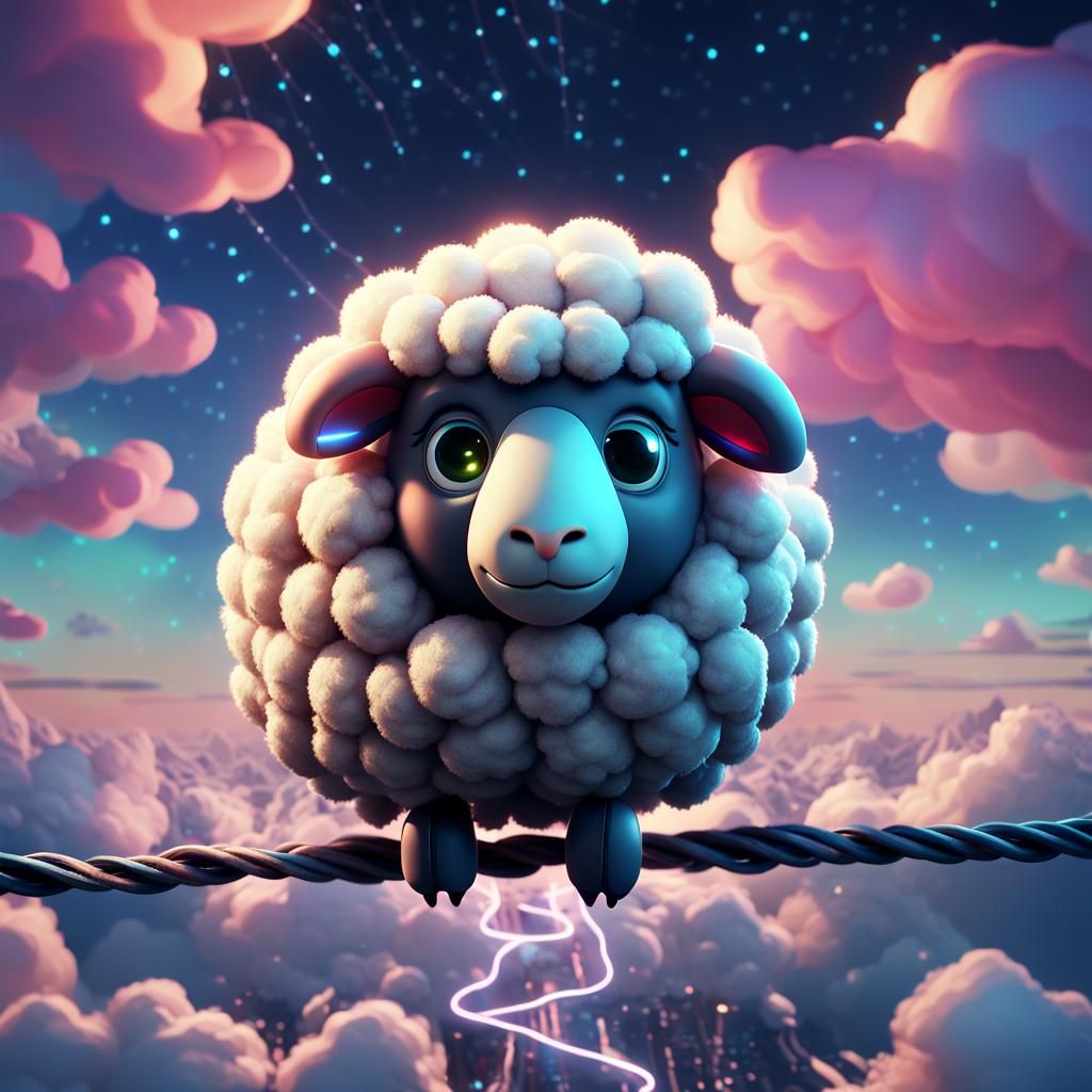 Sad Sheep-Bird on Wire in Futuristic Cartoon