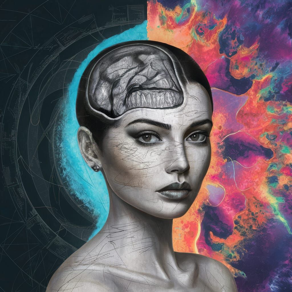 Double Exposure Portrait with MRI Scan in Mixed Media