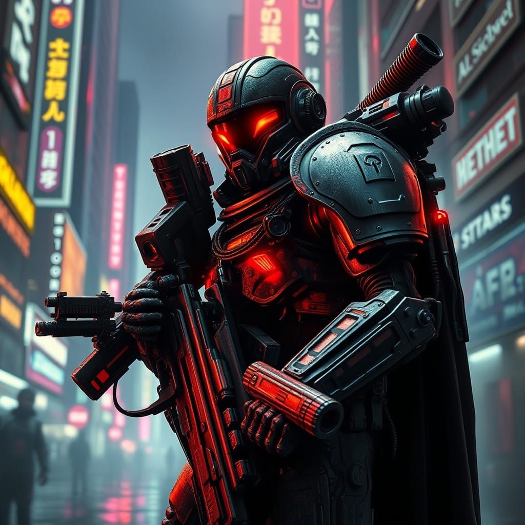 Cyberpunk Warrior in Dystopian City