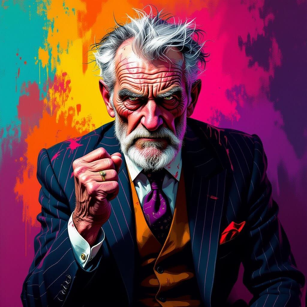 Dramatic Portrait of a Crazed Old Man in Splash Art Style