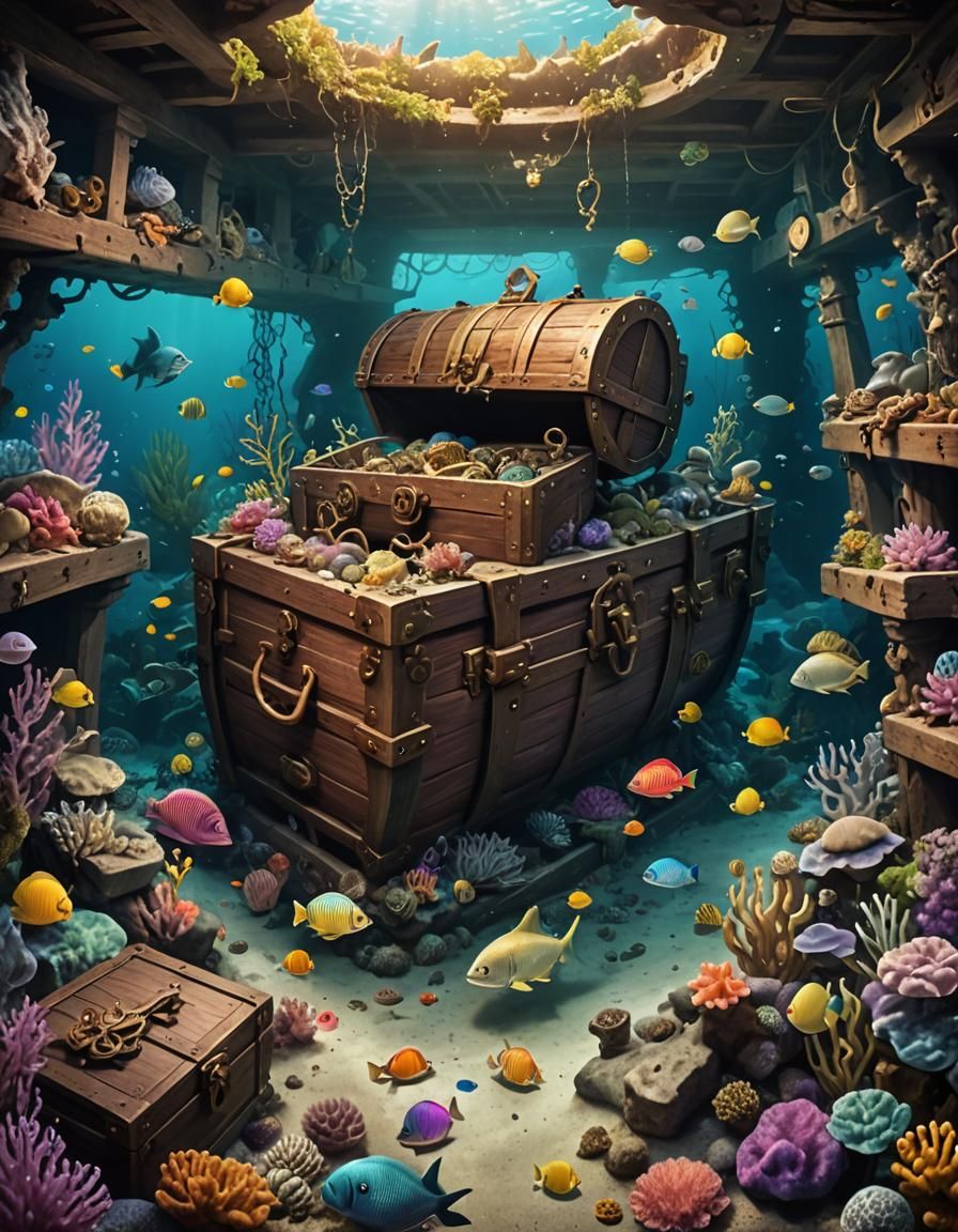 Sunken Ship Interior with Mermaids and Treasure