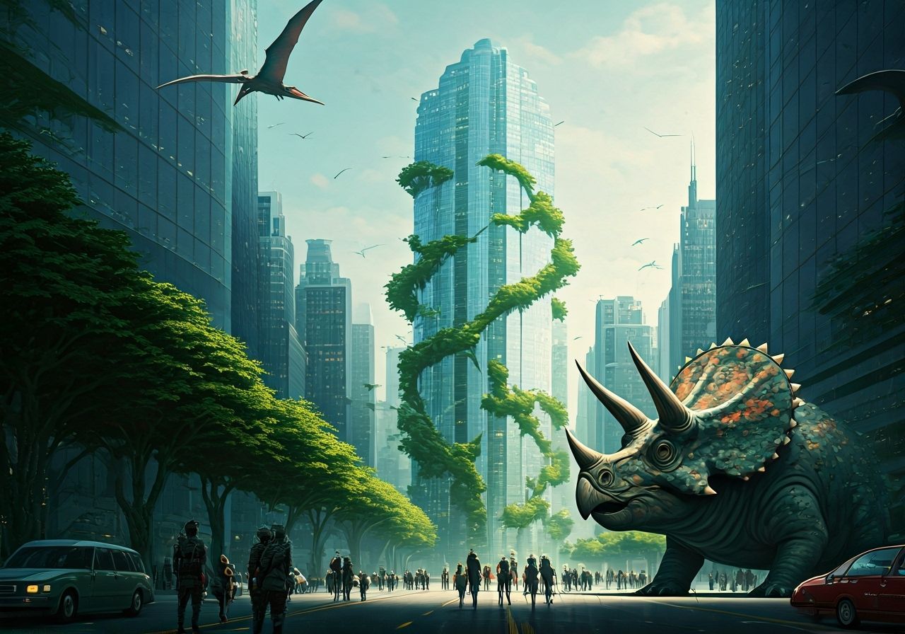 Dinosaurs and Bio-Armor in a Futuristic City