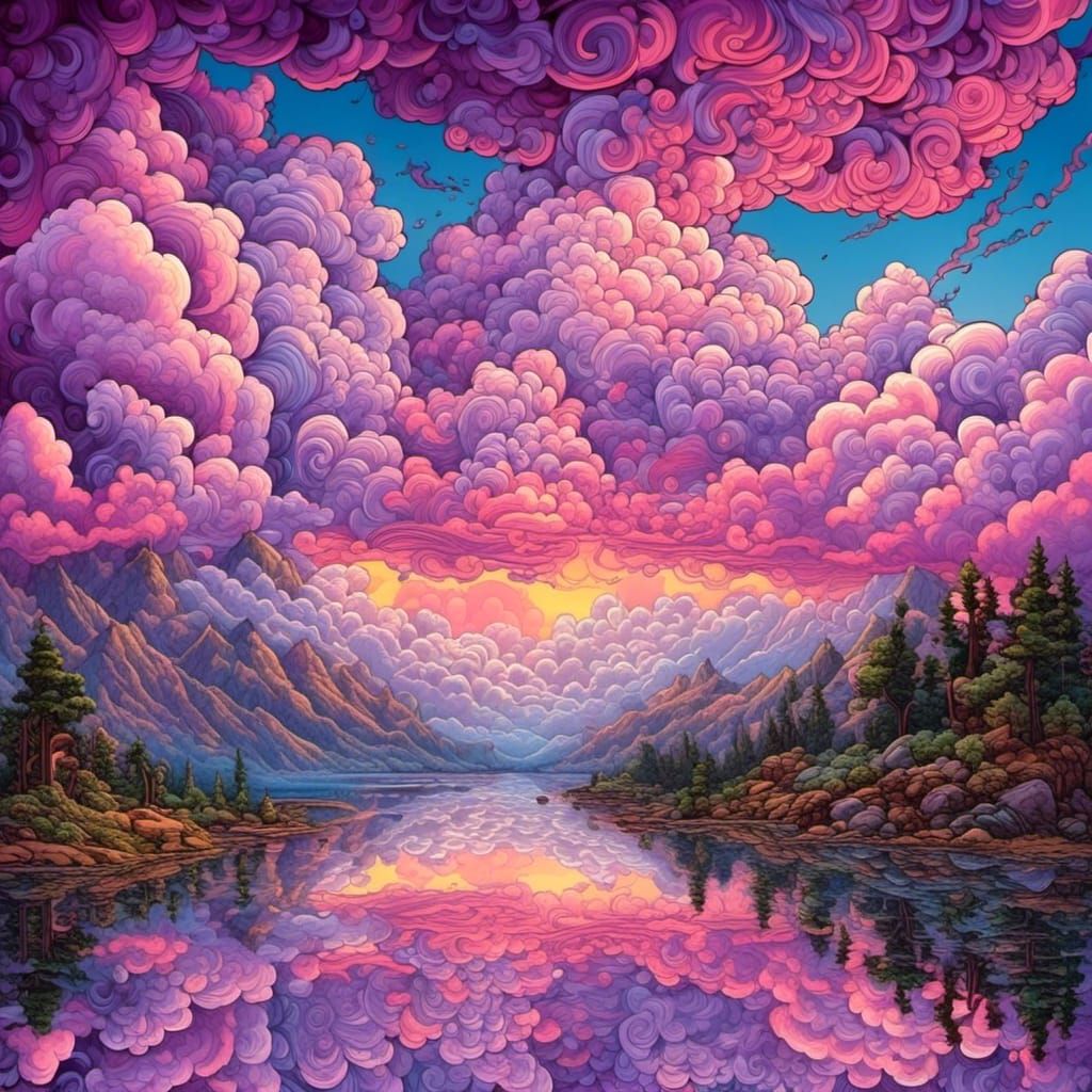 Reflective Waters Under Zentangle Clouds