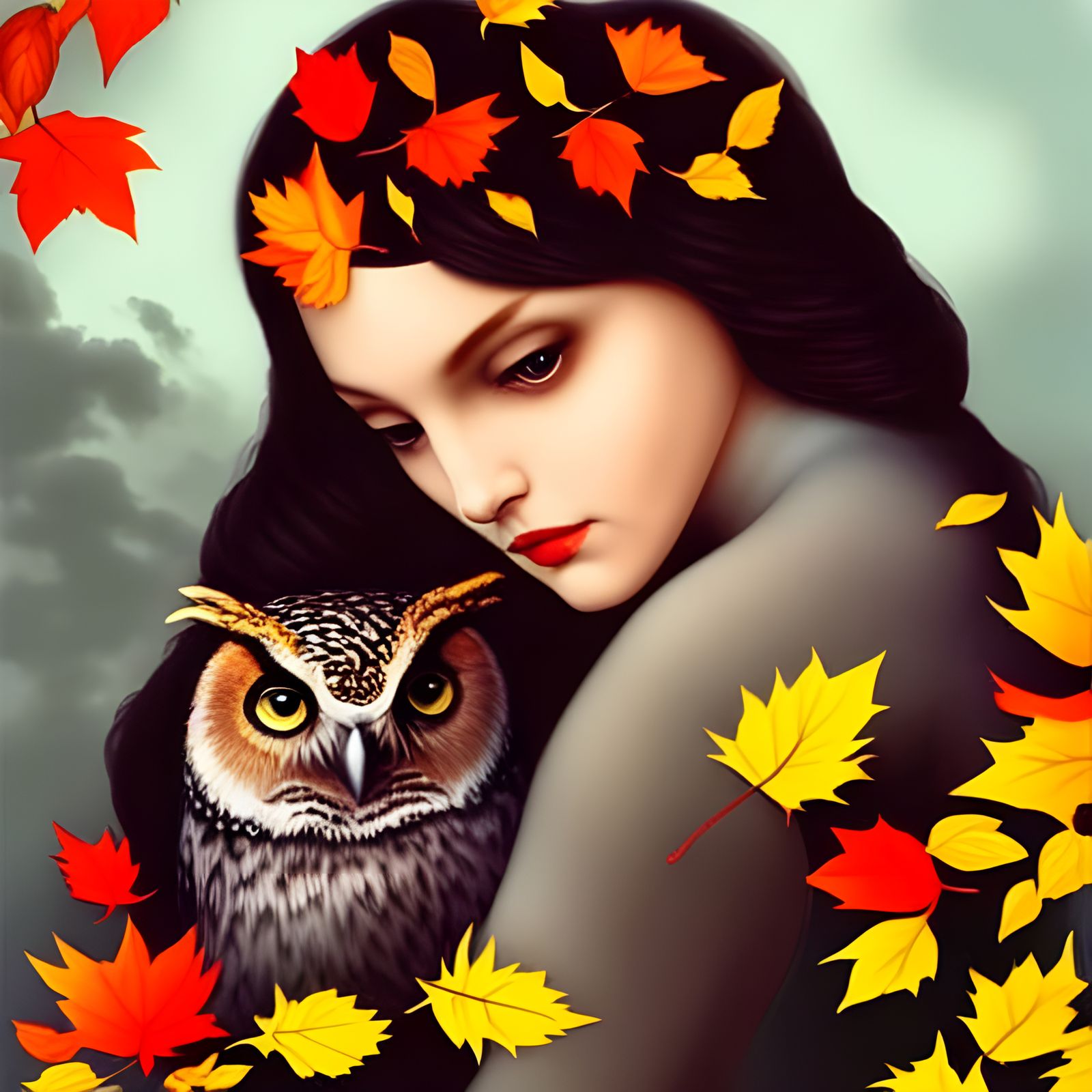 Owl and Cat in Autumn Style of Tom Bagshaw
