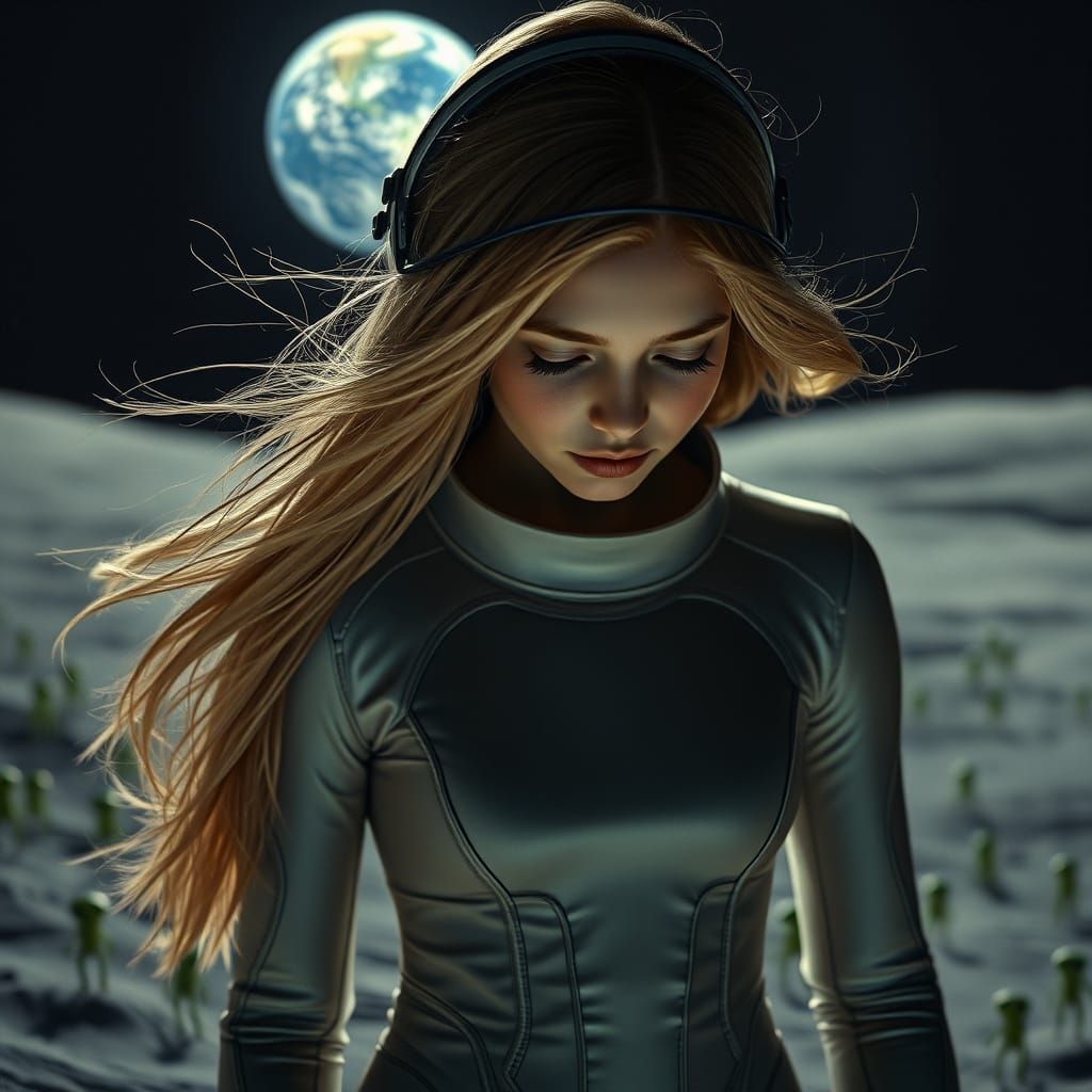 Girl in Futuristic Austronat Suit Contemplates Earth from th...