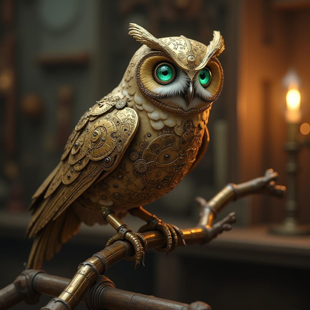 Steampunk Clockwork Owl with Emerald Eyes on Brass Branch