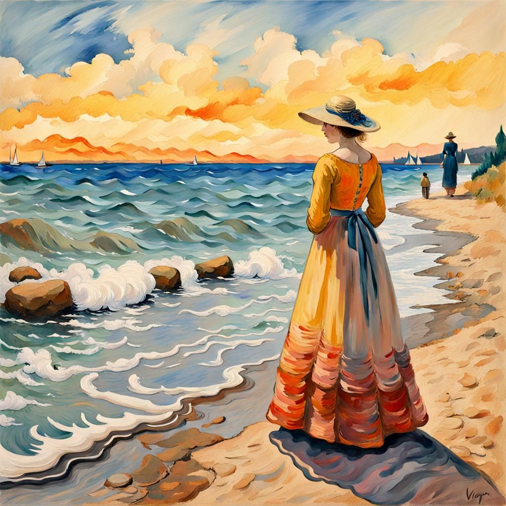 Woman on Shoreline in Gouache Impressionist Style